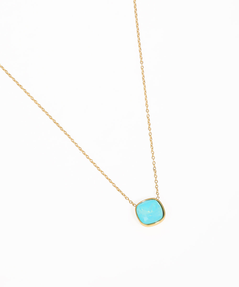 Minimal gold necklace with turquoise square pendant and delicate chain