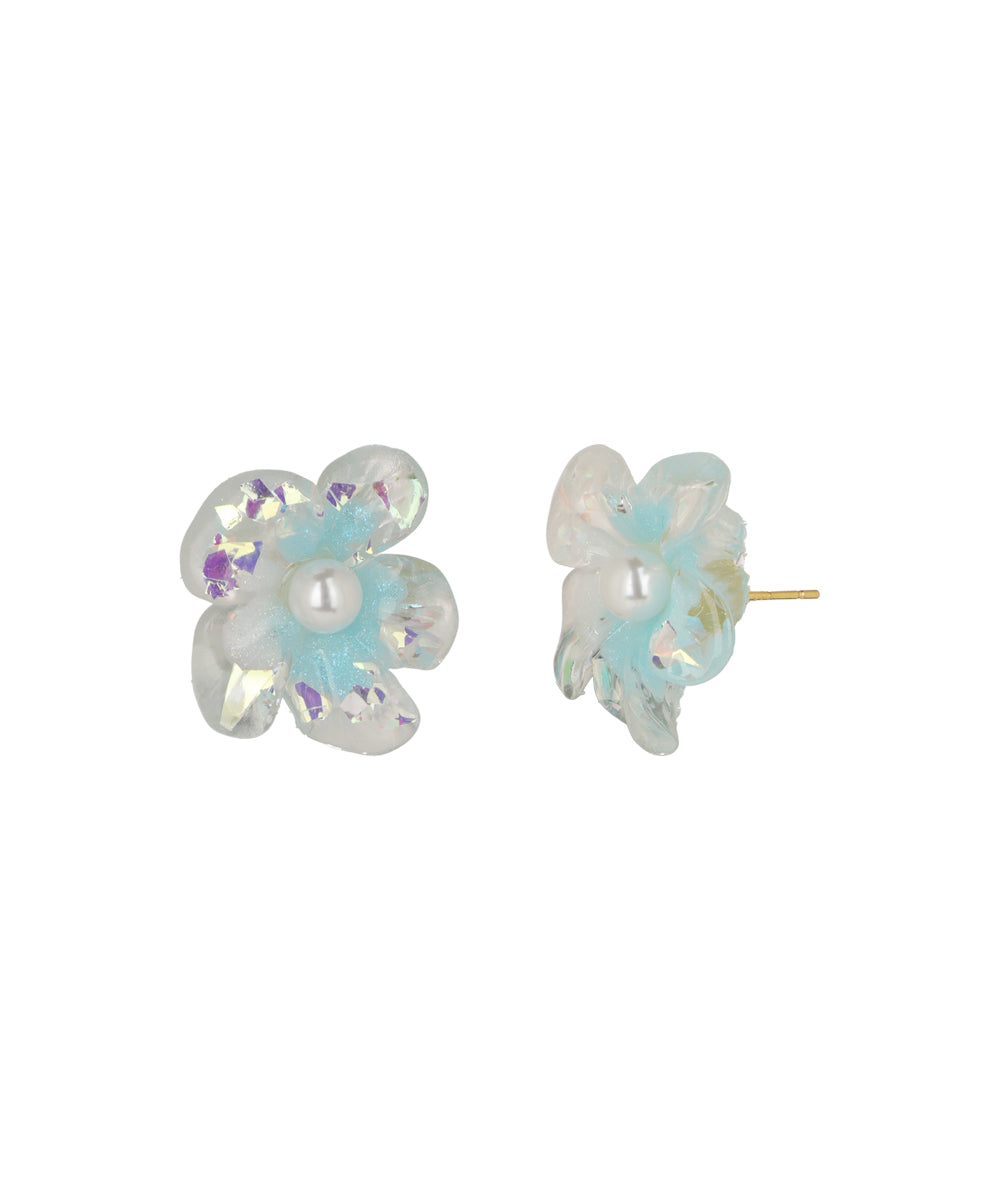 Iridescent Aqua Pearl Flower Stud Earrings | Stylika