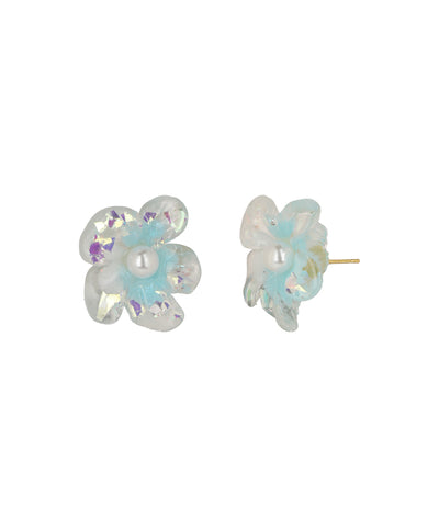 Iridescent Aqua Pearl Flower Stud Earrings | Stylika