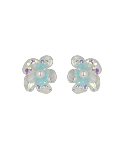 Iridescent Aqua Pearl Flower Stud Earrings | Stylika