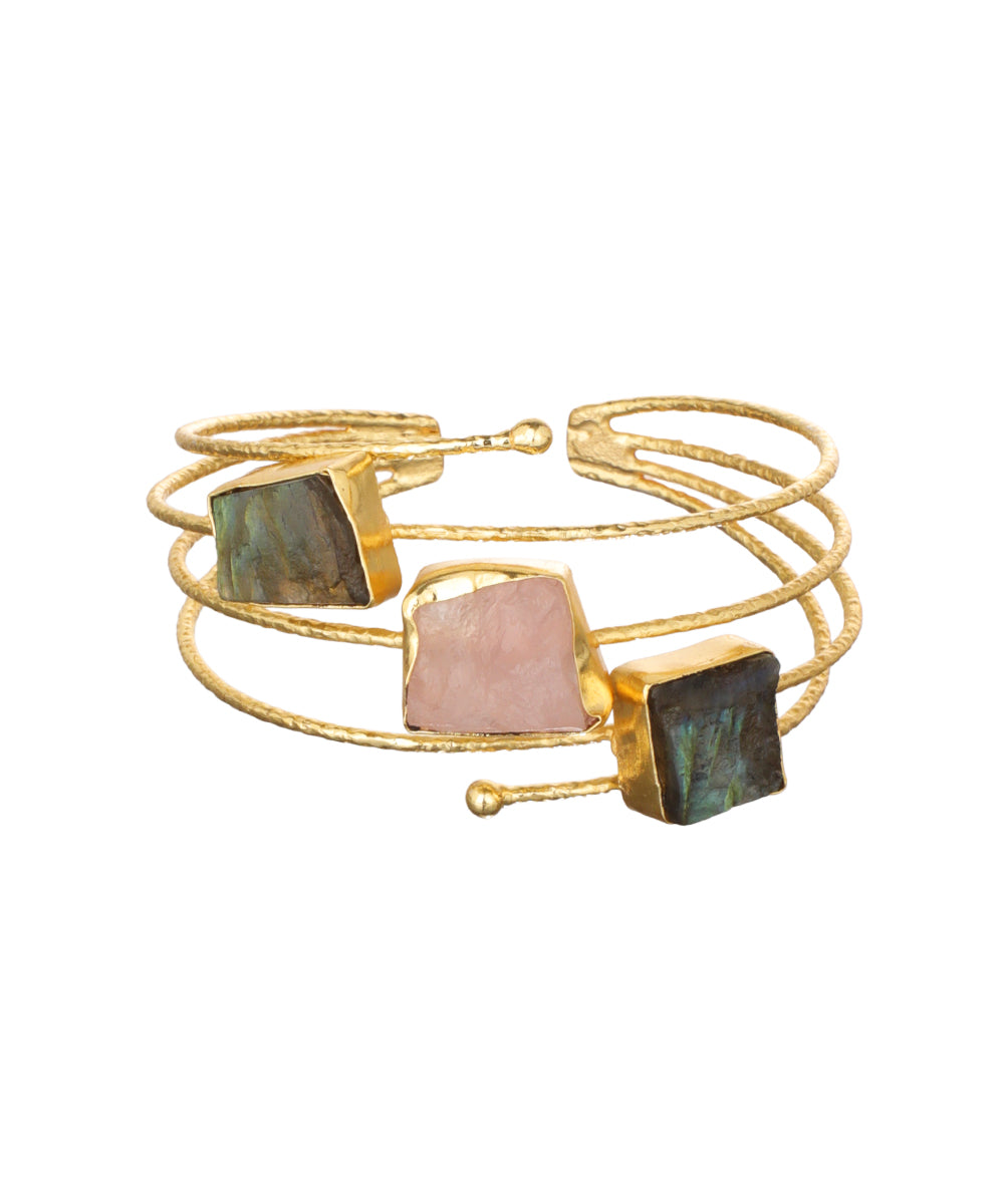 Layered Uncut Rough Stone Open Cuff Bracelet | Stylika