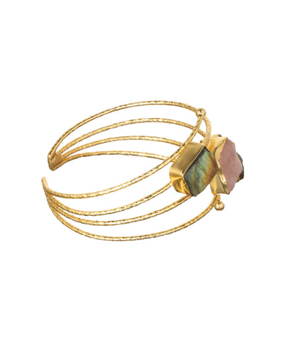 Layered Uncut Rough Stone Open Cuff Bracelet | Stylika