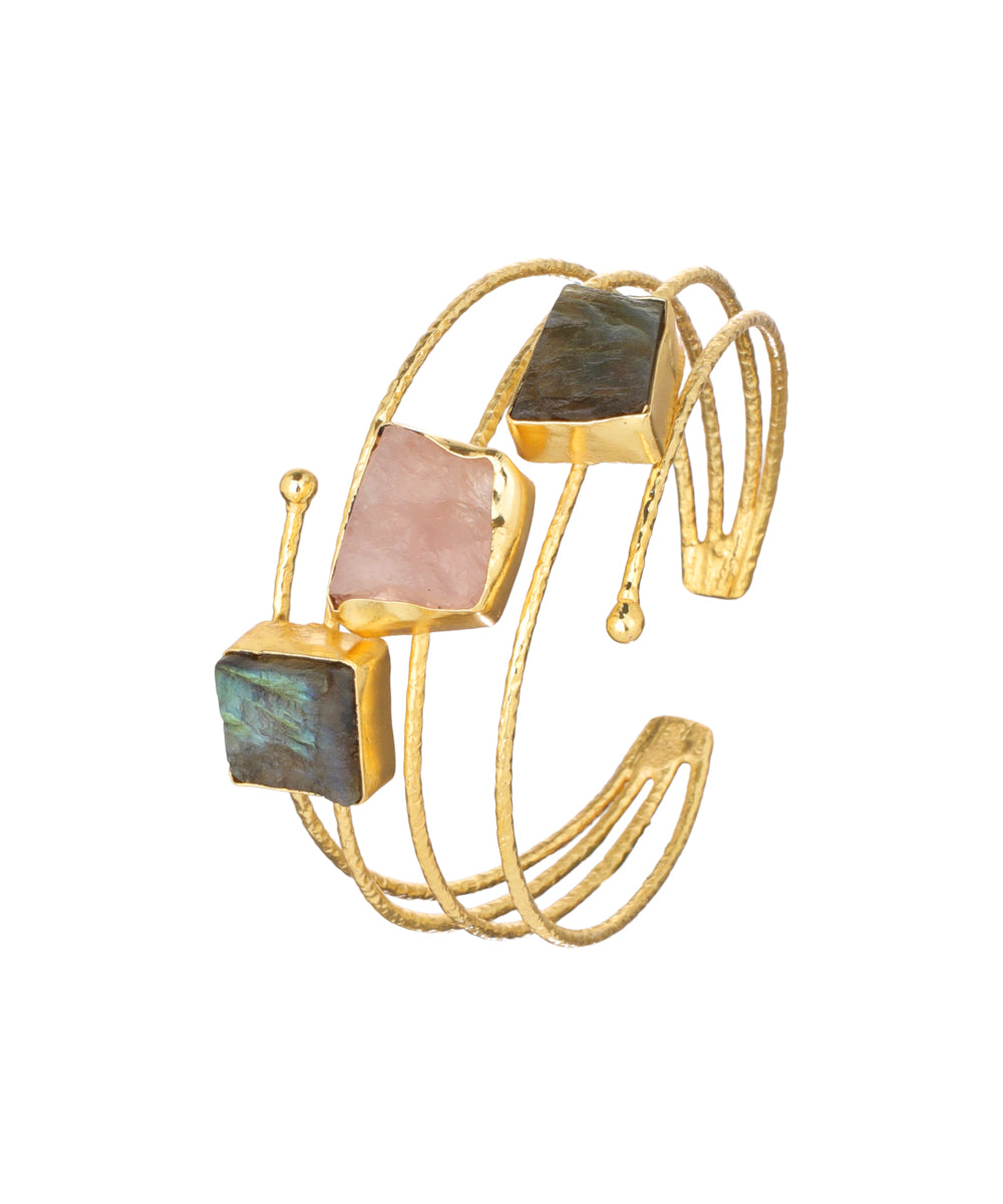 Layered Uncut Rough Stone Open Cuff Bracelet | Stylika