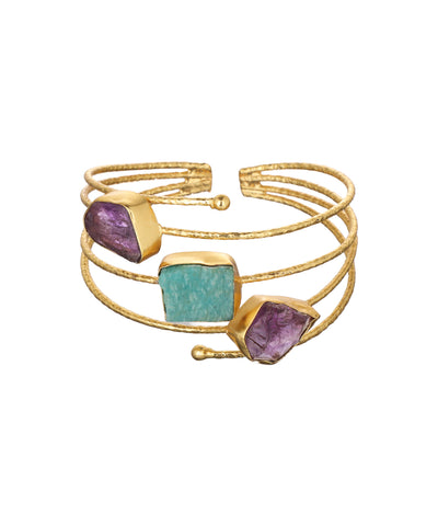 Layered Uncut Rough Stone Open Cuff Bracelet | Stylika