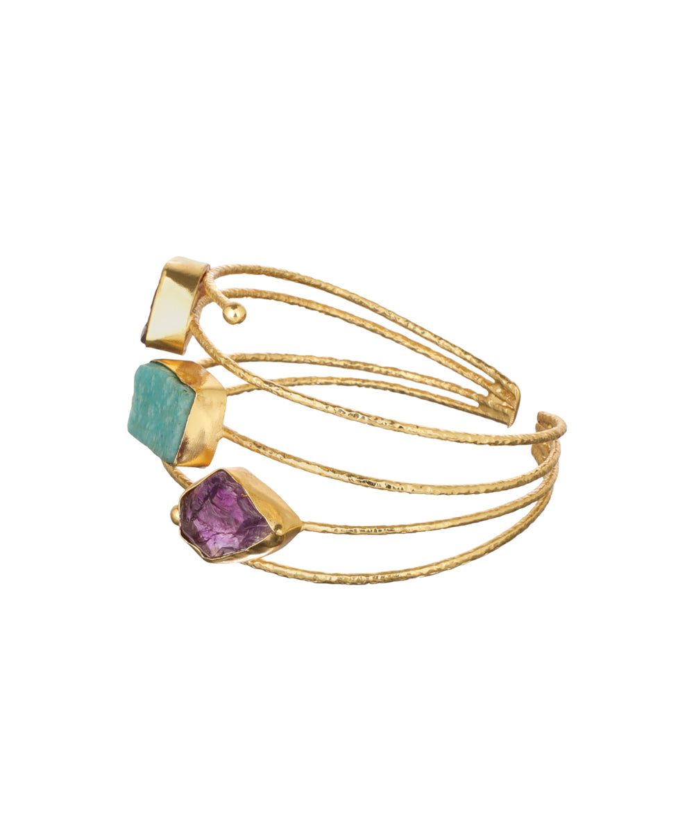 Layered Uncut Rough Stone Open Cuff Bracelet | Stylika