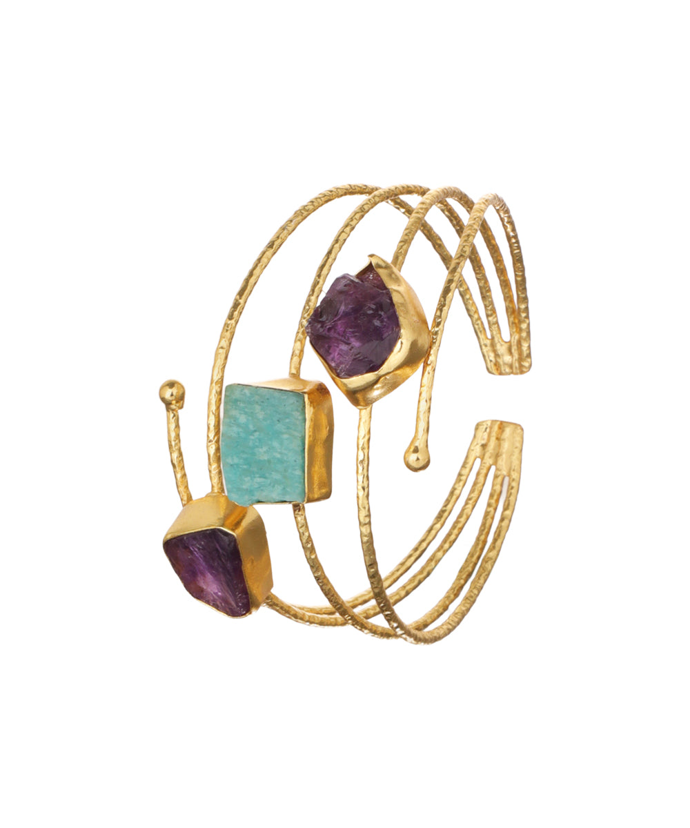 Layered Uncut Rough Stone Open Cuff Bracelet | Stylika