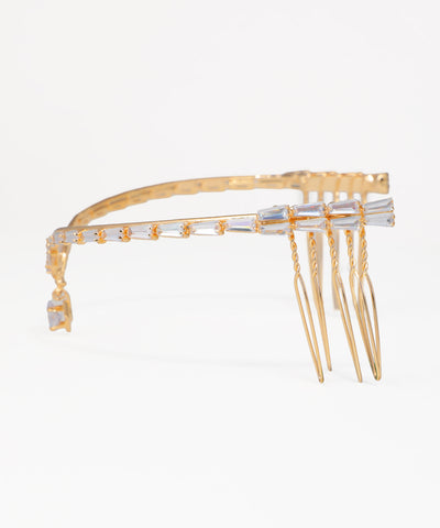Crystal V-shape tiara featuring clear baguette stone embellishments
