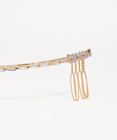 Elegant bridal tiara with baguette-cut crystals in a V-shaped design