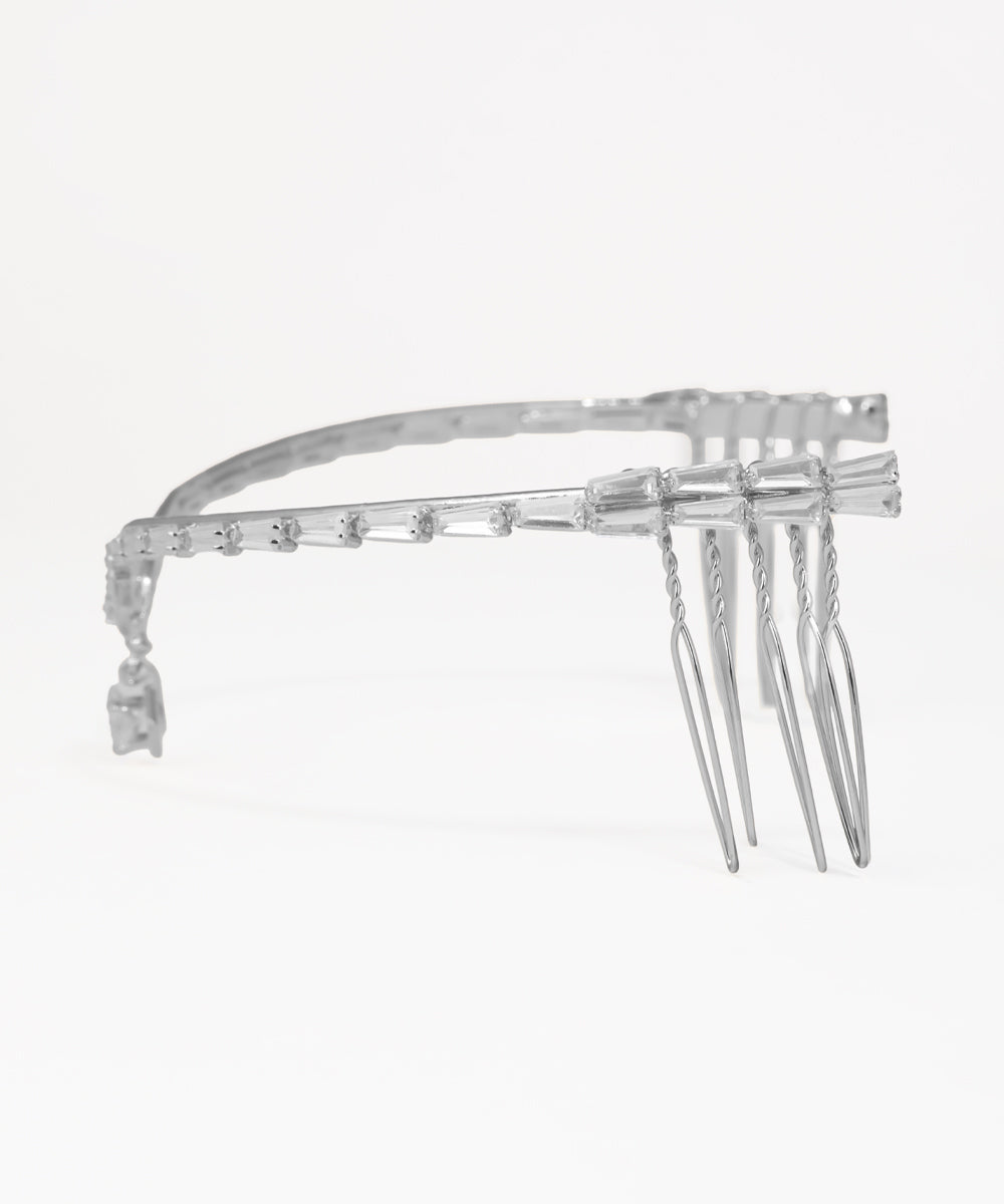 Crystal tiara with baguette-cut stones and elegant pointed design
