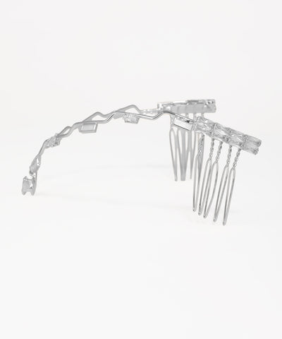 Silver bridal headpiece with geometric wave design and clear crystals