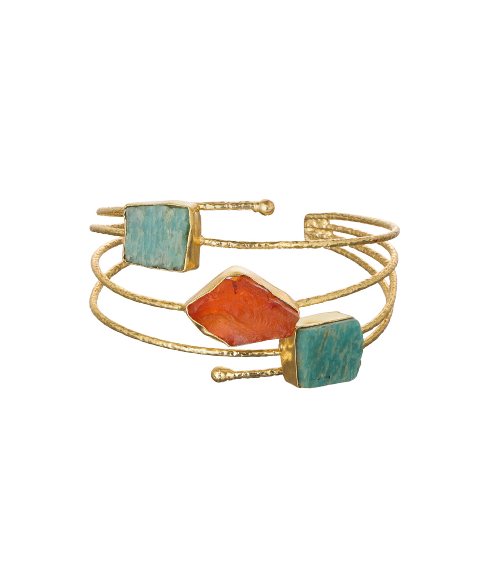 Layered Uncut Rough Stone Open Cuff Bracelet | Stylika