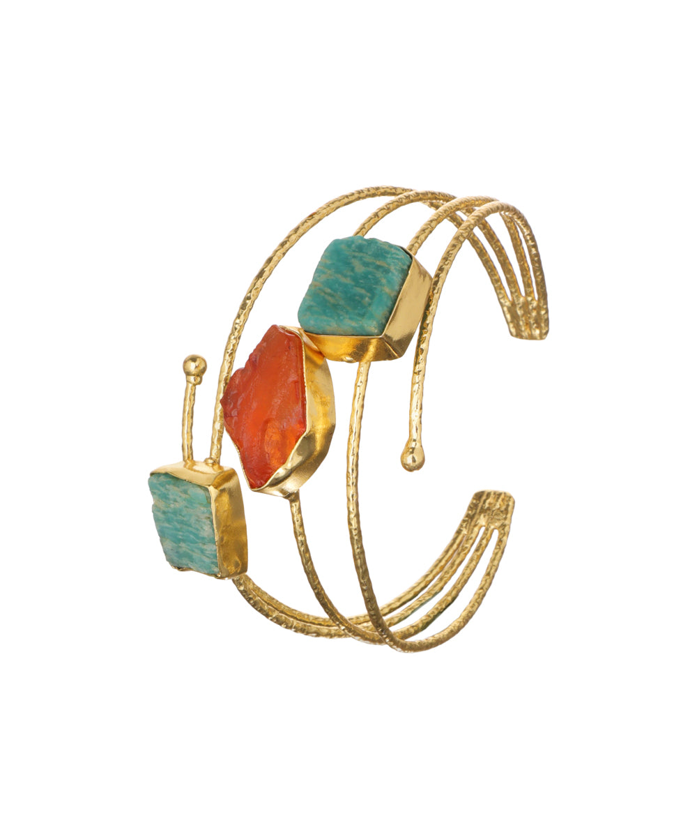 Layered Uncut Rough Stone Open Cuff Bracelet | Stylika