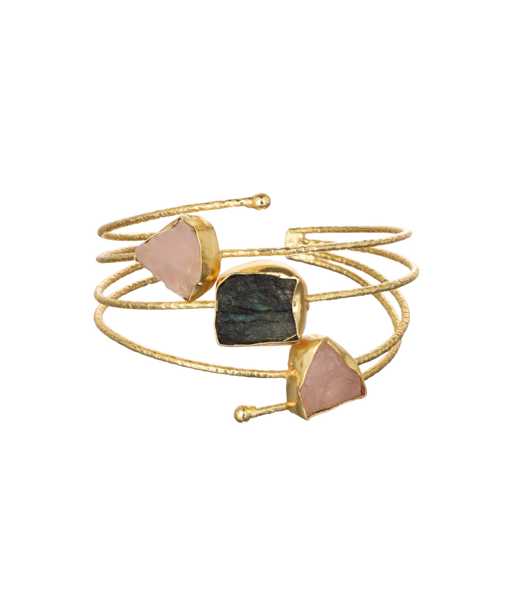 Layered Uncut Rough Stone Open Cuff Bracelet | Stylika