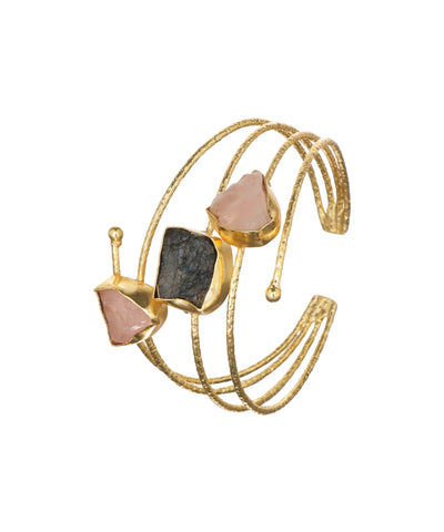 Layered Uncut Rough Stone Open Cuff Bracelet | Stylika