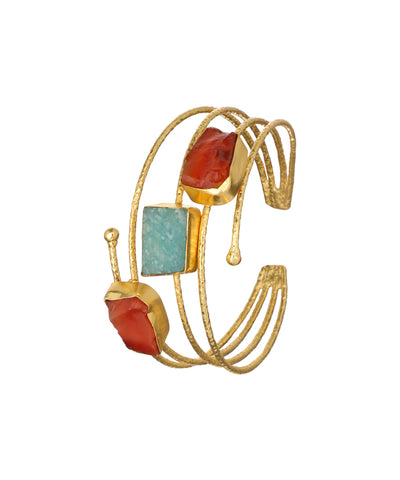 Layered Uncut Rough Stone Open Cuff Bracelet | Stylika