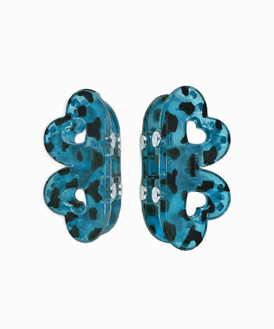 Teal leopard print magnetic hair clip with double-heart design