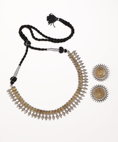 Dual-tone oxidised necklace with leaf motifs and matching sunburst stud earrings