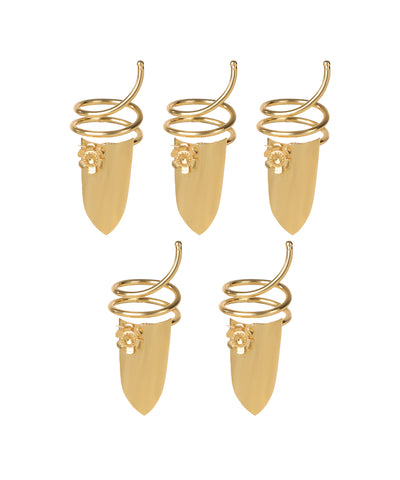 Gold-tone nail rings set with spiral bands and floral shield design