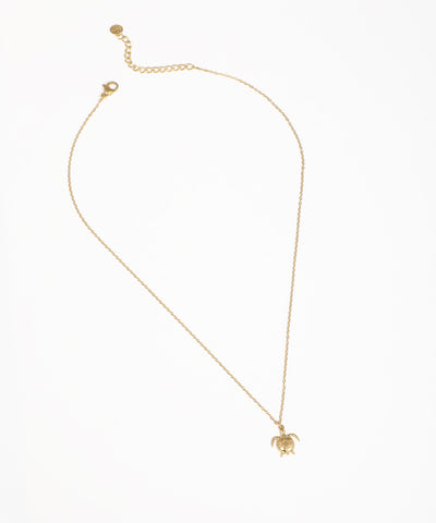 Gold-tone necklace with a small turtle pendant on a delicate chain.