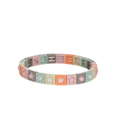Colorful pastel square bead stretch bracelet with clear star-shaped inserts on a white background