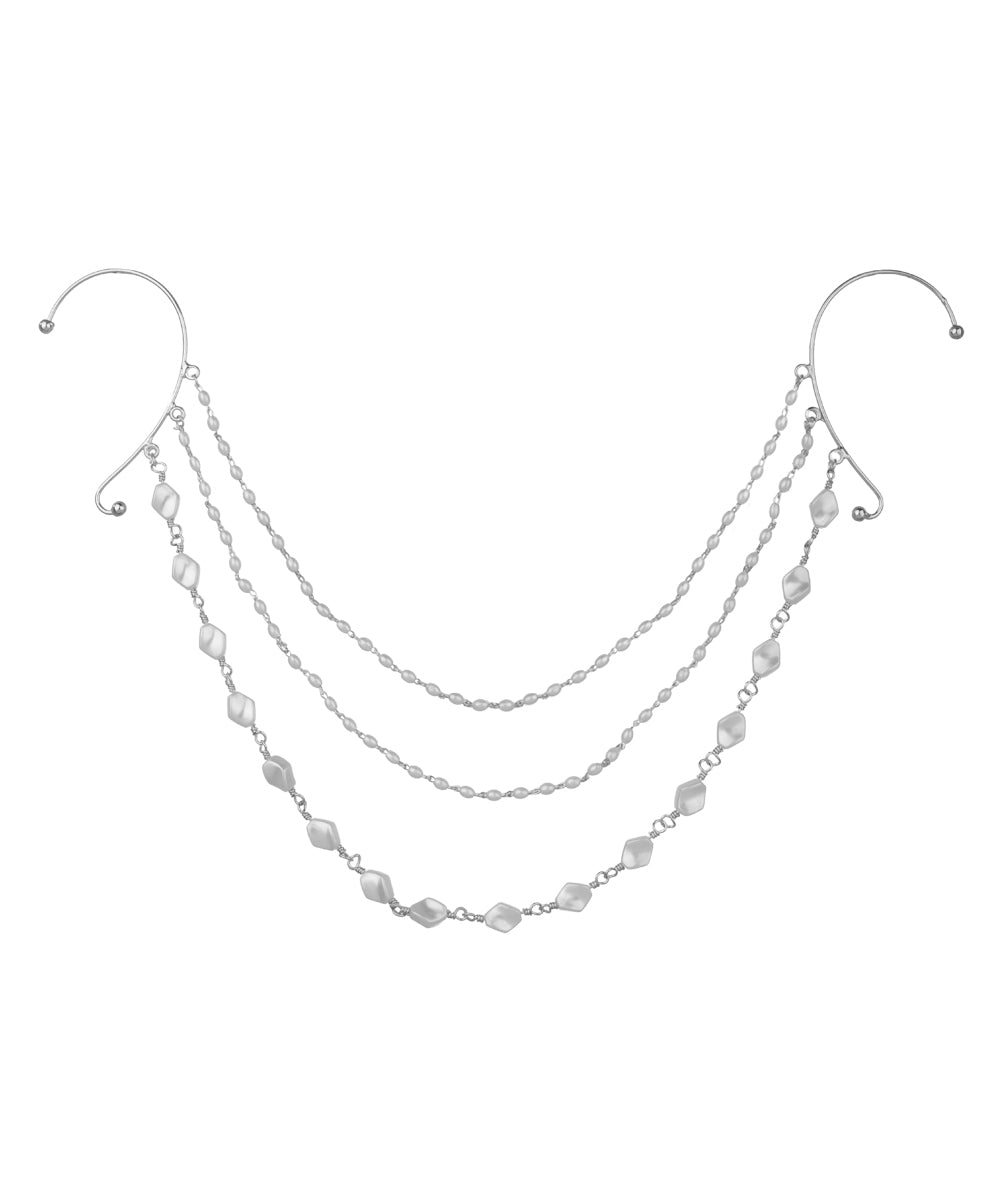Silver-tone ear-to-ear cuff chain with three layers of faux pearl beads