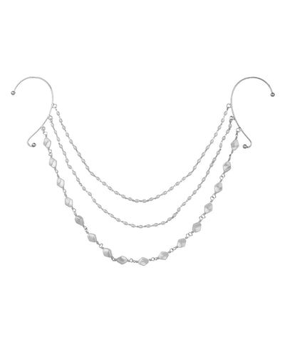 Silver-tone ear-to-ear cuff chain with three layers of faux pearl beads
