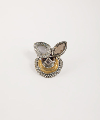 Oxidised silver-tone ring with gold-tone crescent, grey and brown glass stones, and beaded details