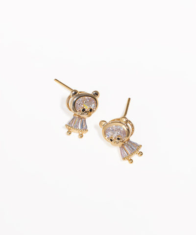 Gold-tone stud earrings with clear and black CZ in a playful bear shape.