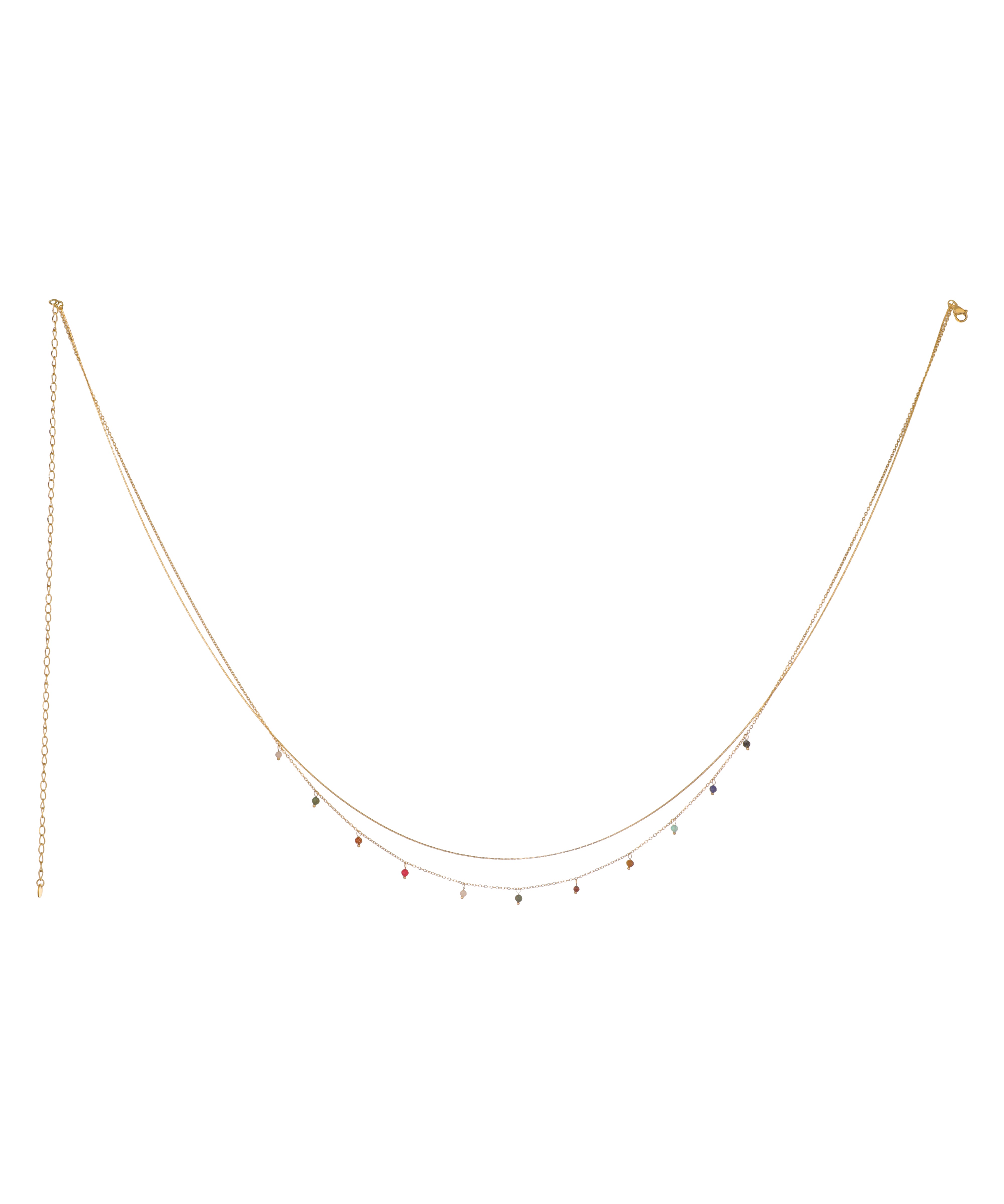Gold-tone layered waist chain with small colorful glass crystal drops and an extender chain