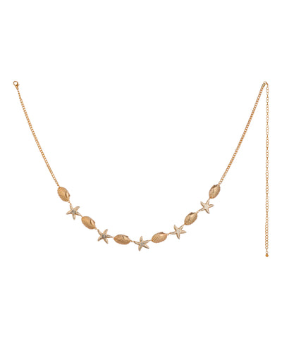 Gold-tone waist chain with alternating textured seashell and CZ-studded starfish charms