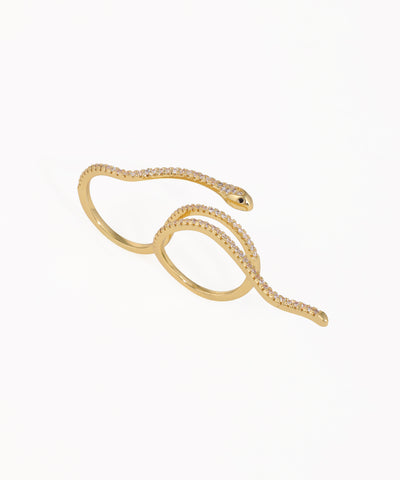 Gold-tone ring with coiling serpent design and clear sparkle stones