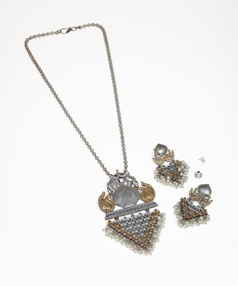 Oxidise and gold-tone necklace set with elephant and peacock pendant, faux pearl drops