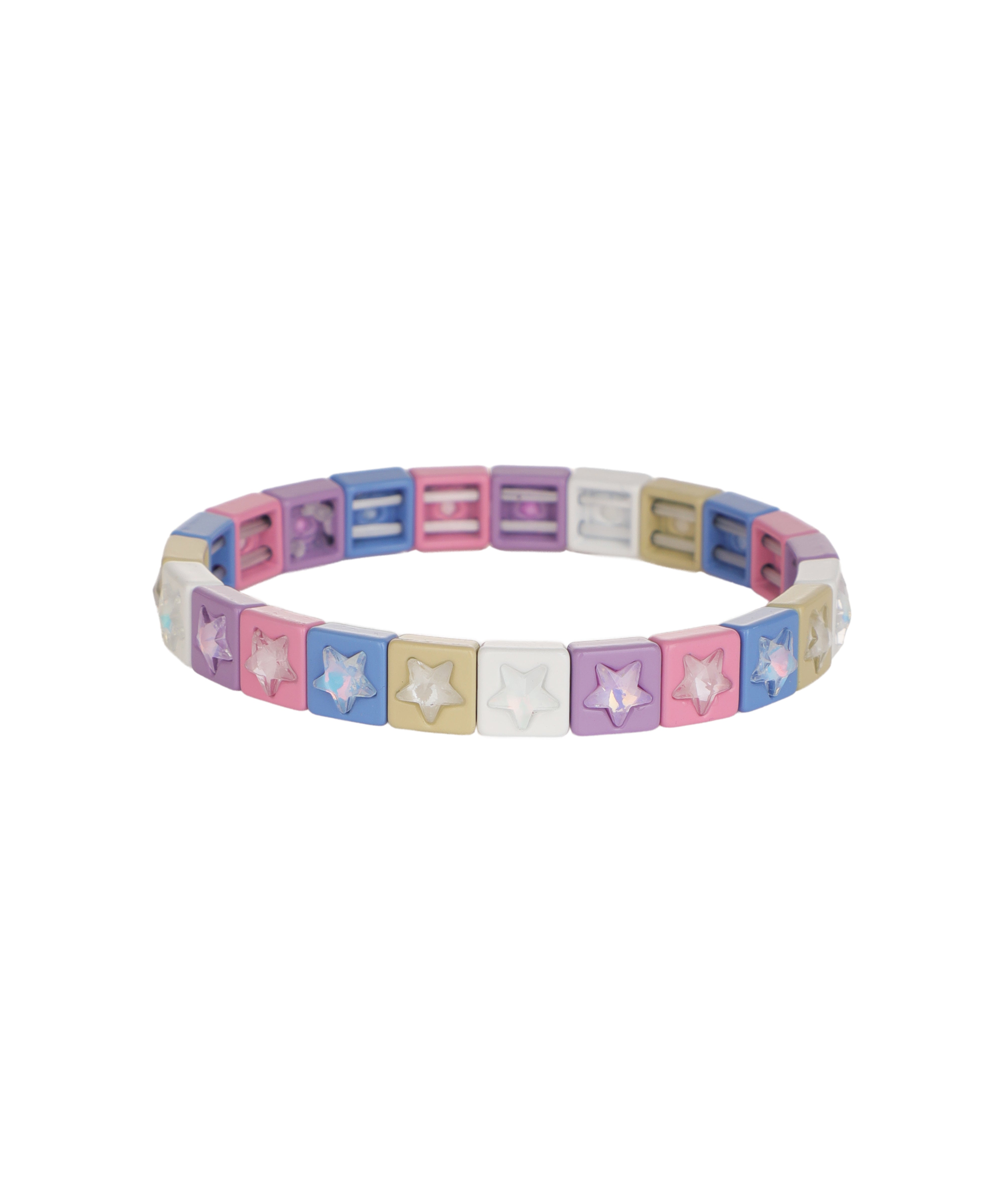 Multi-color stretch bracelet with square pastel beads and iridescent star details