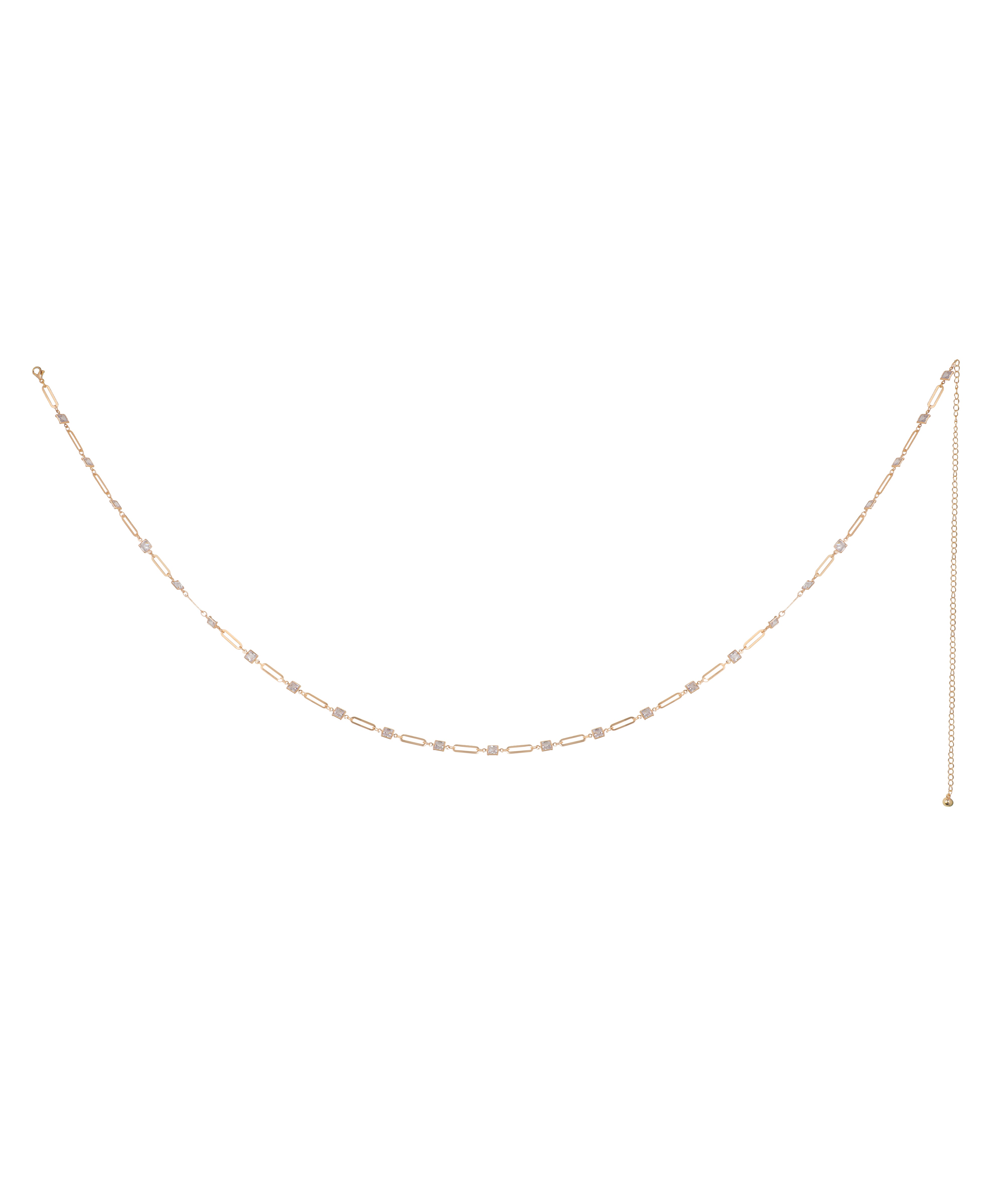 Gold-tone waist chain with alternating links and square shimmer details