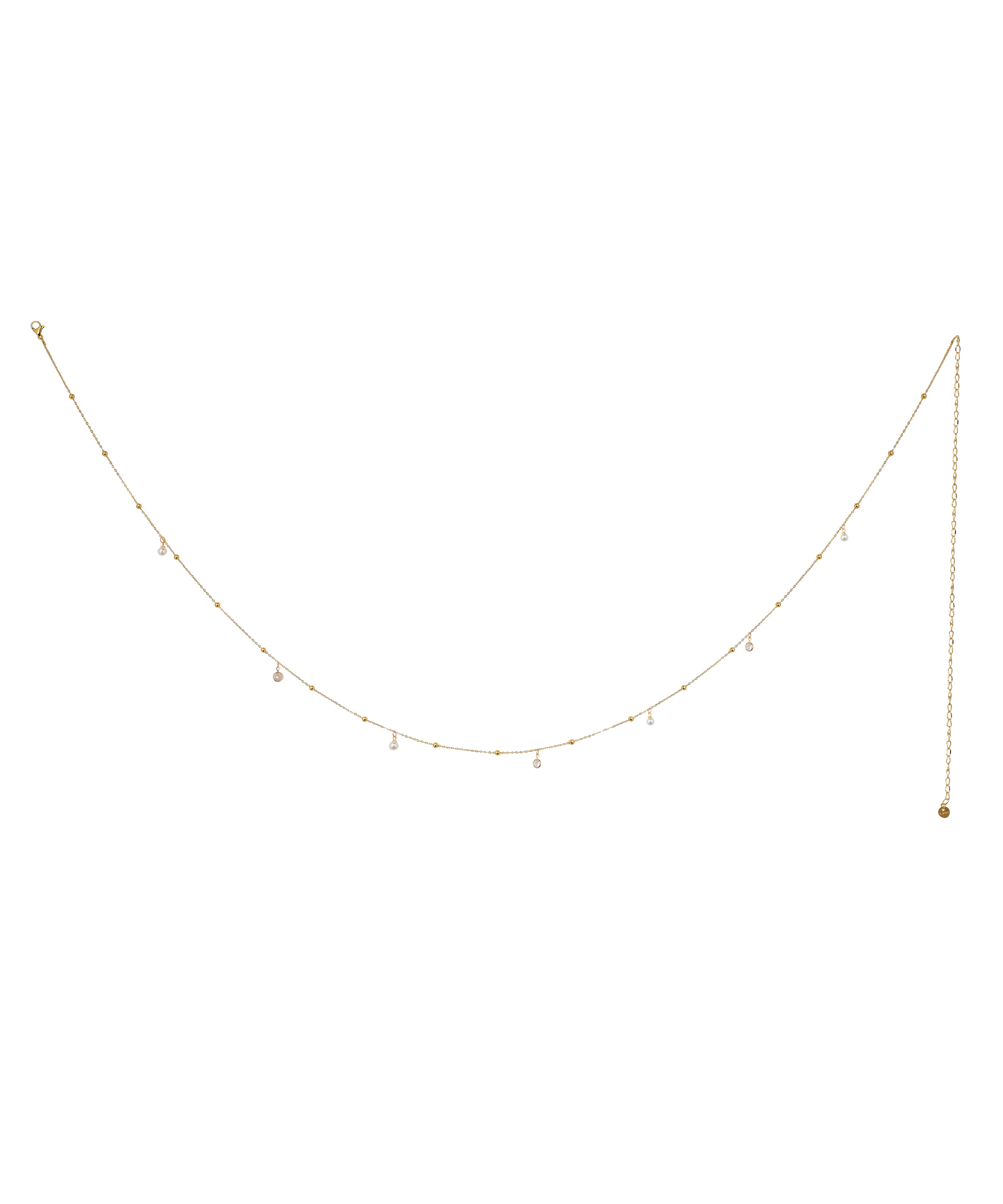Gold-tone waist chain with small beads and clear cubic zirconia dangle accents