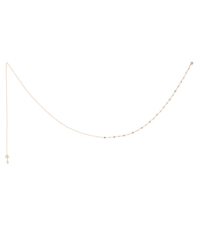 Gold-tone waist chain with small faux pearls, glass crystals, and a decorative charm drop