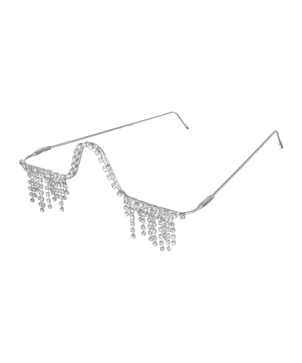 Silver-tone facelet with wavy frame and dangling CZ stone chains
