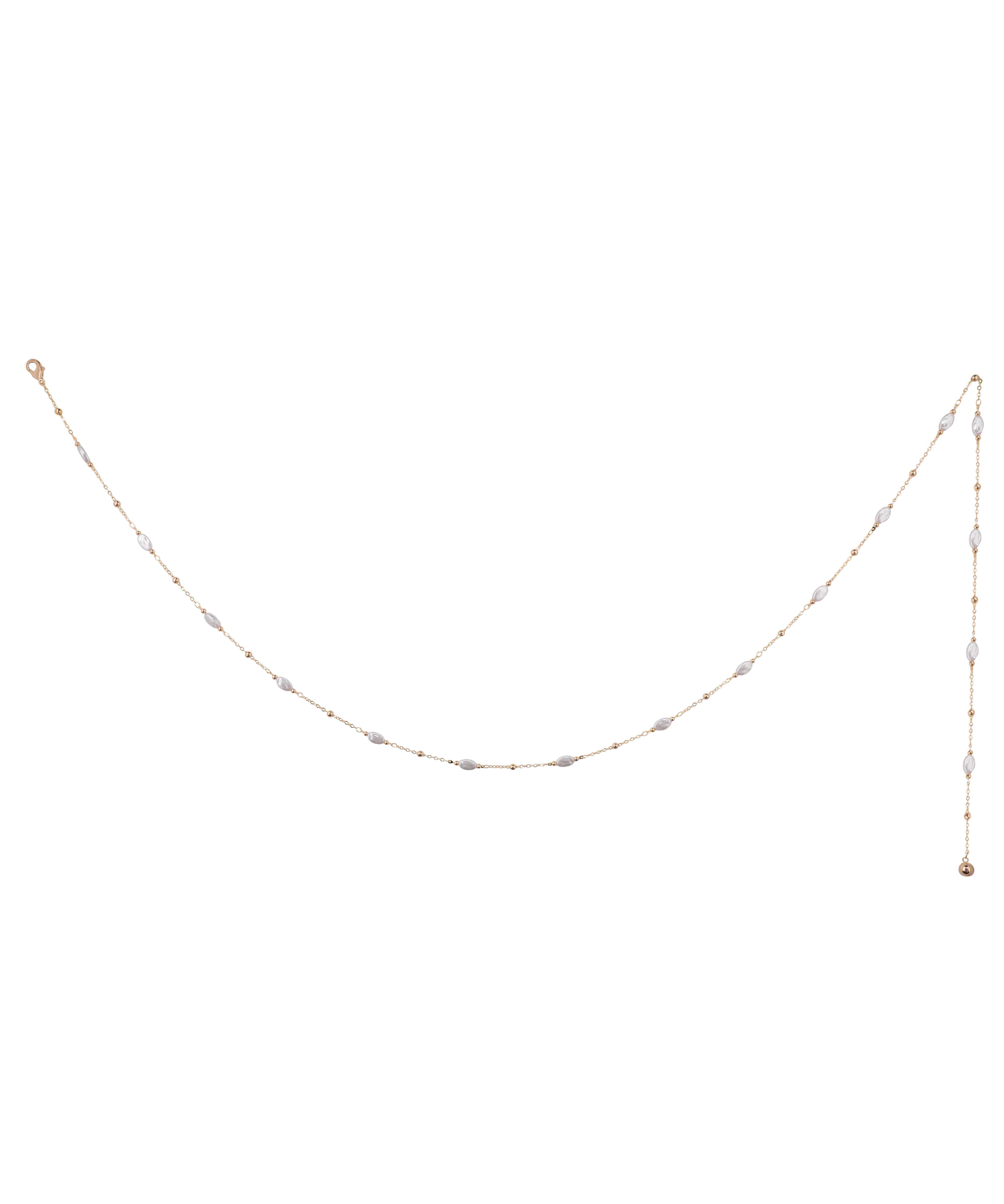 Gold-tone waist chain with marquise faux pearls and small metal beads