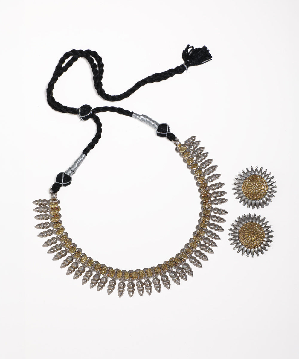 Dual tone oxidise necklace with conical drops and floral stud earrings