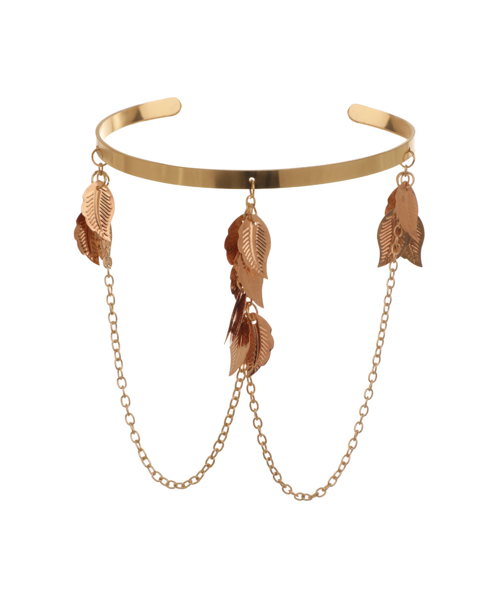 Gold-tone arm cuff with dangling leaf charms and draped chains
