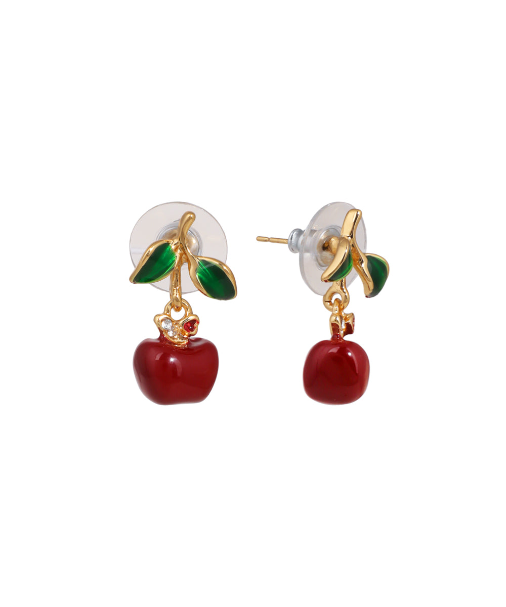 Gold-tone drop earrings with green enamel leaves and red fruit charms