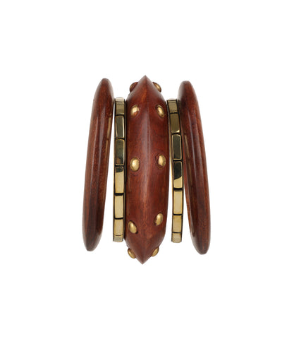 Brown wooden kada with brass-tone studs and stacked bangles