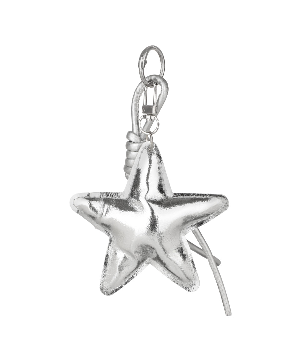 Silver-tone bag charm with puffy star shape, coiled rope detail, and keyring clip