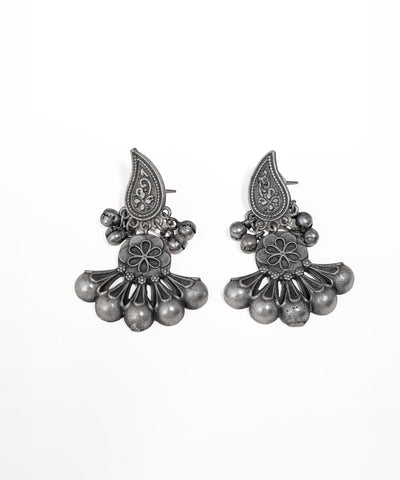 Oxidized drop earrings with paisley stud and tiered ghungroo design
