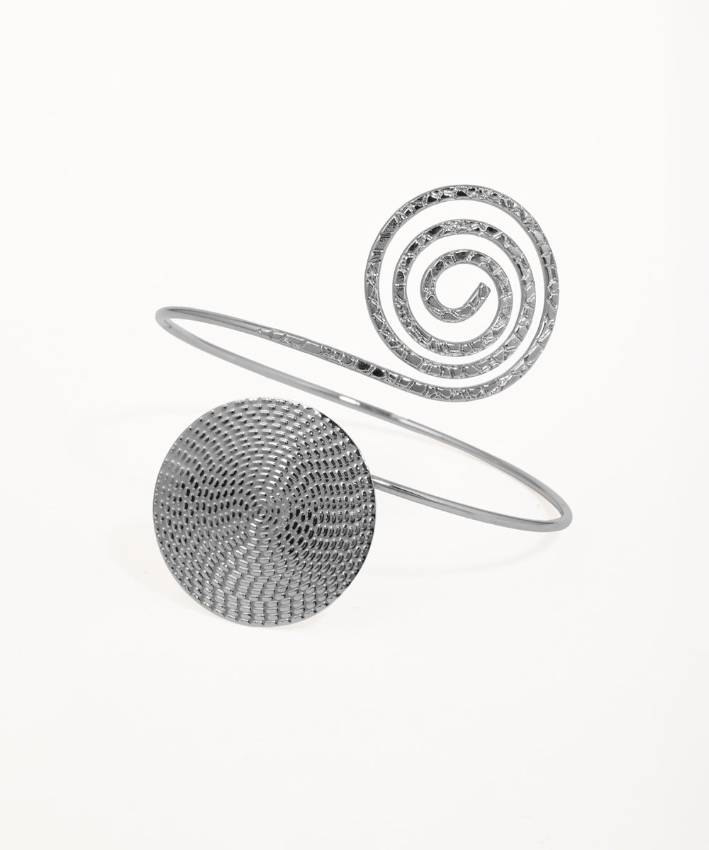Rhodium finish arm cuff with spiral and textured disc design
