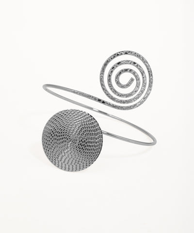 Rhodium finish arm cuff with spiral and textured disc design