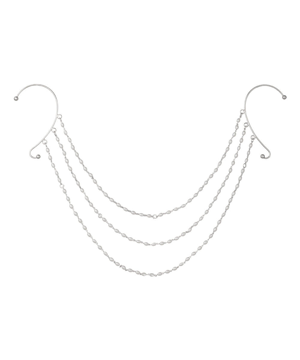 Rhodium finish ear-to-ear cuff chain with three strands of rice-shaped faux pearls