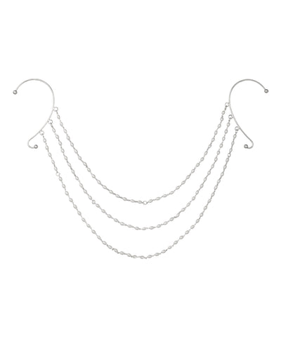Rhodium finish ear-to-ear cuff chain with three strands of rice-shaped faux pearls