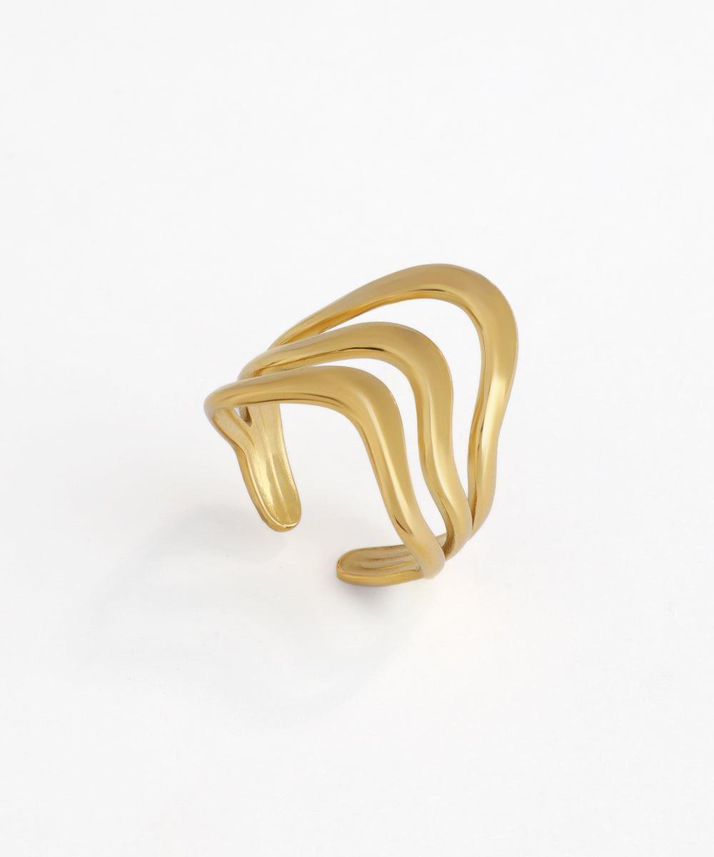 Gold-tone open ring with a sculptural triple wave design and polished finish