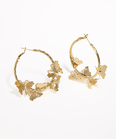 Gold-tone hoop earrings with multiple butterfly designs